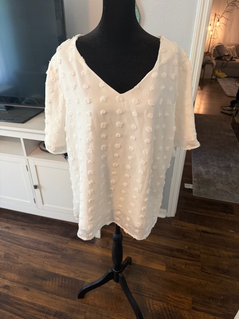 V-Neck White Textured Pom-Pom Sleeve Blouse